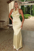Champagne Satin Halter Maxi Dress