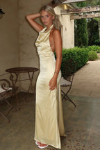 Champagne Satin Halter Maxi Dress