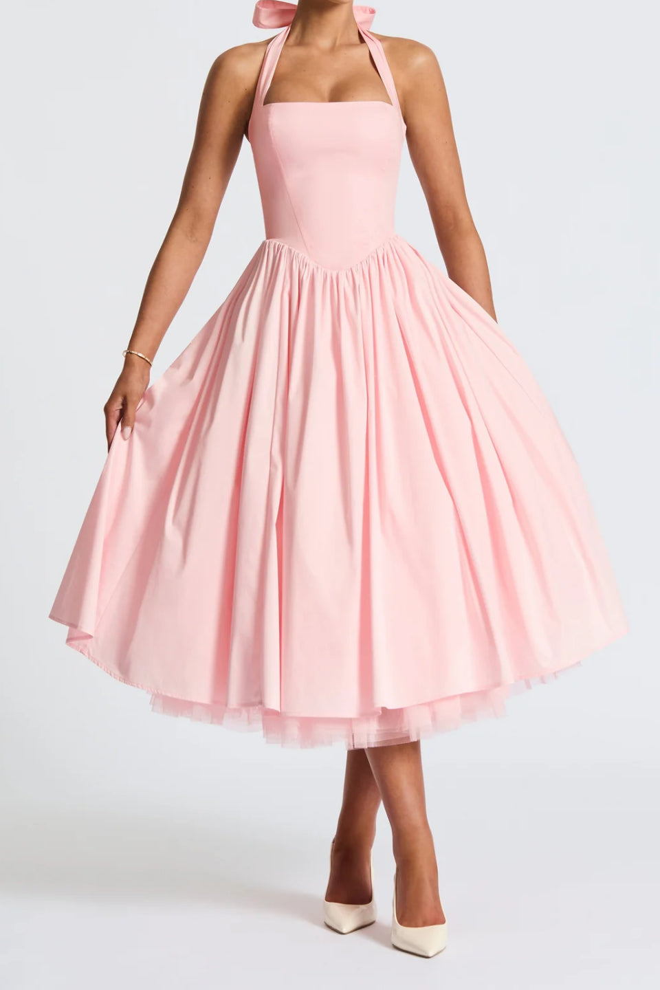 Baby Pink Halter Corset Midi Dress