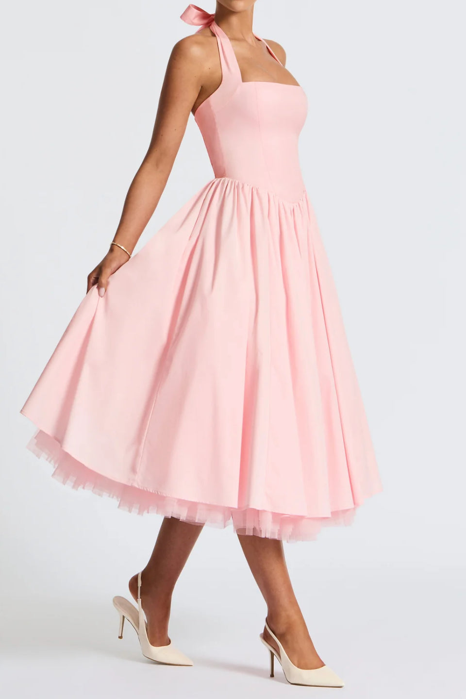 Baby Pink Halter Corset Midi Dress