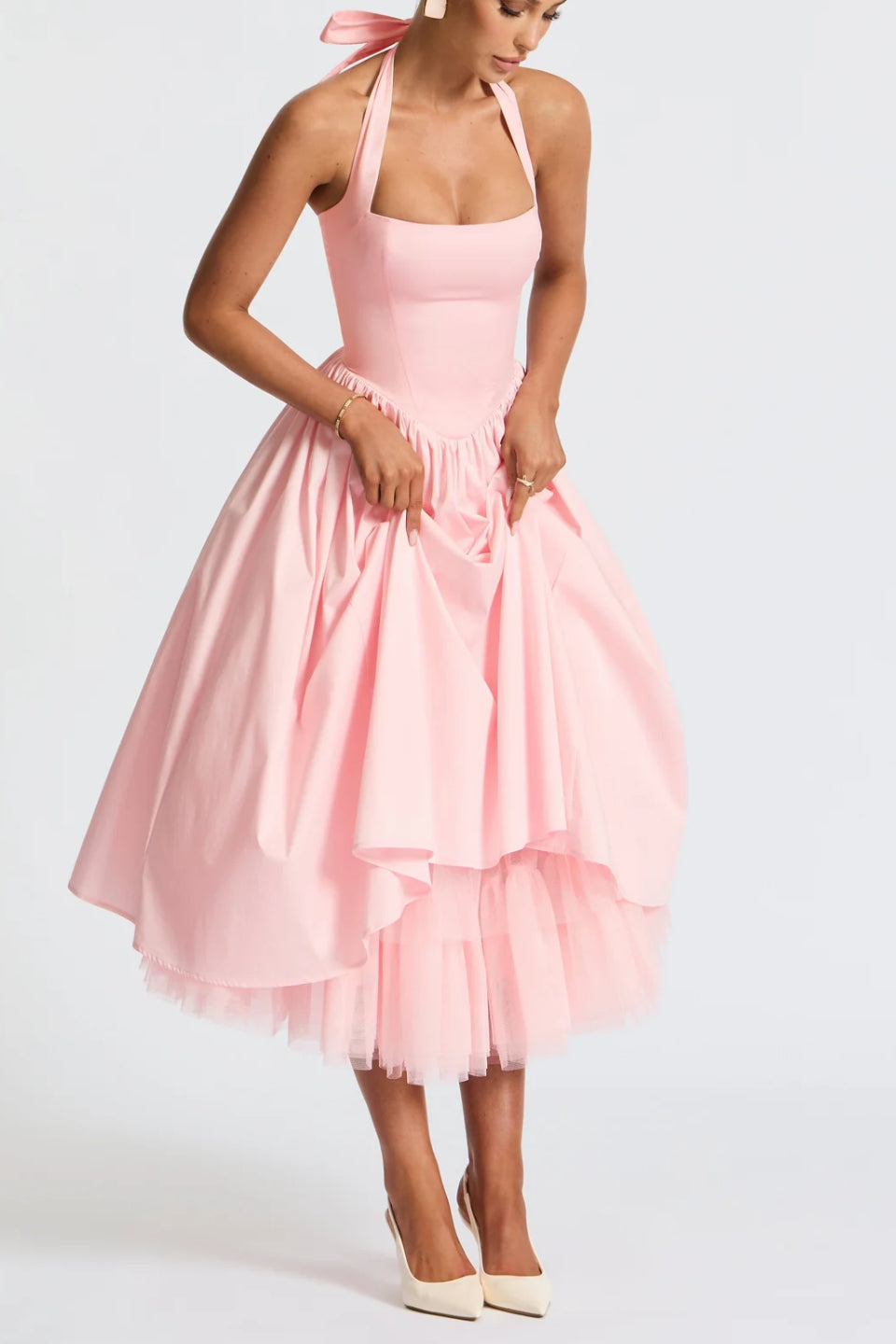 Baby Pink Halter Corset Midi Dress