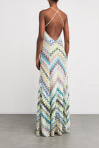 Blue-Green Crochet Halter Maxi Dress