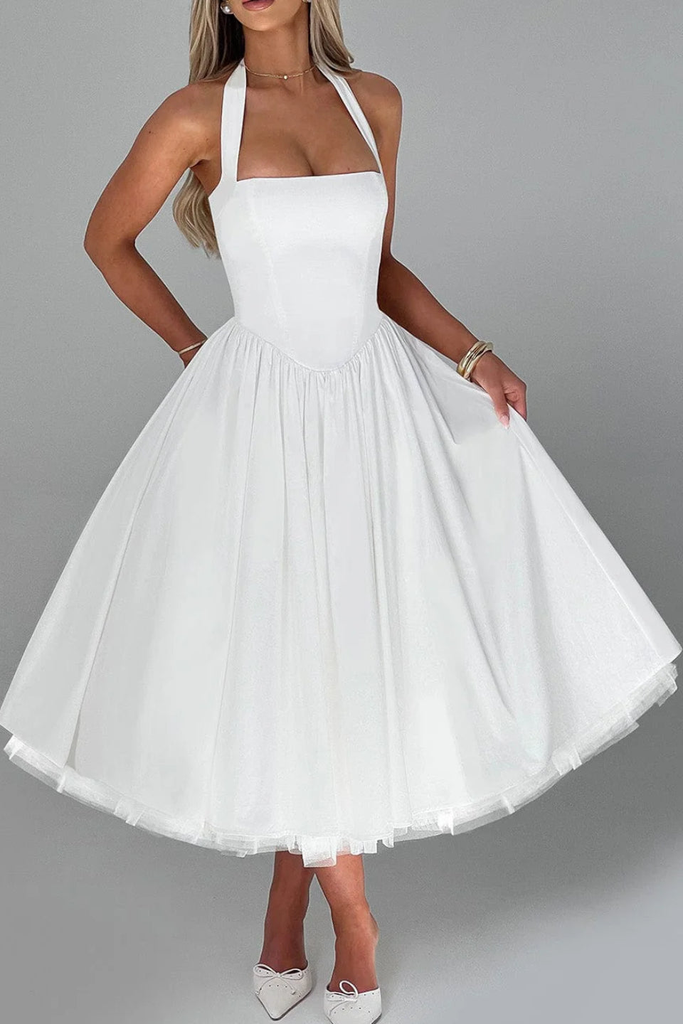White Halter Corset Midi Dress
