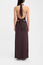 Brown Halter Ruched Maxi Dress