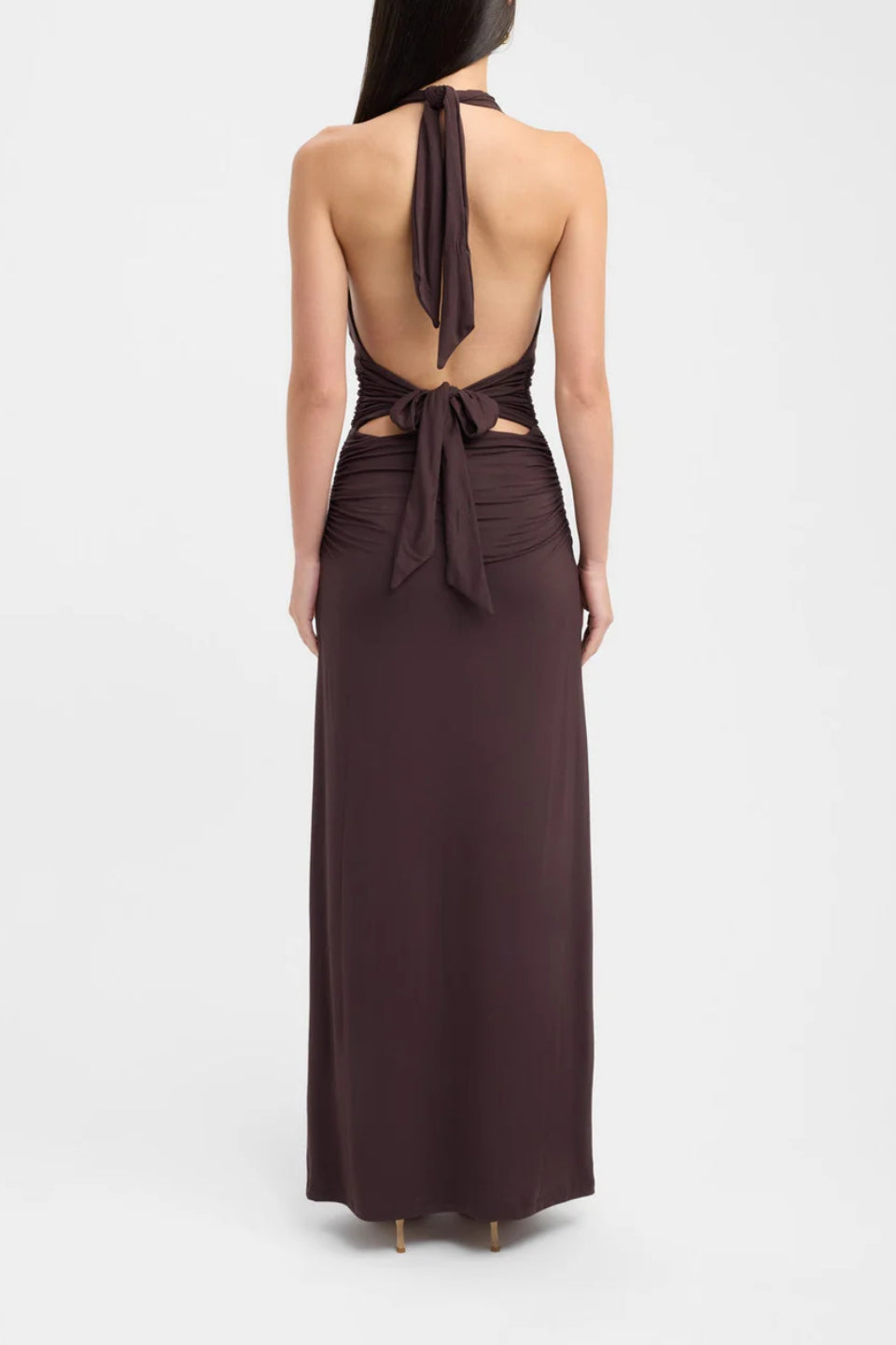 Brown Halter Ruched Maxi Dress