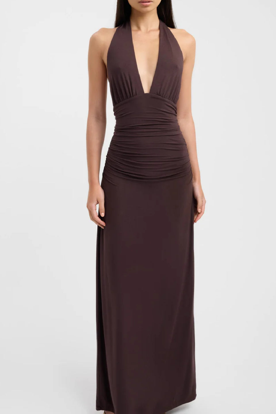 Brown Halter Ruched Maxi Dress