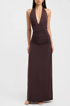 Brown Halter Ruched Maxi Dress