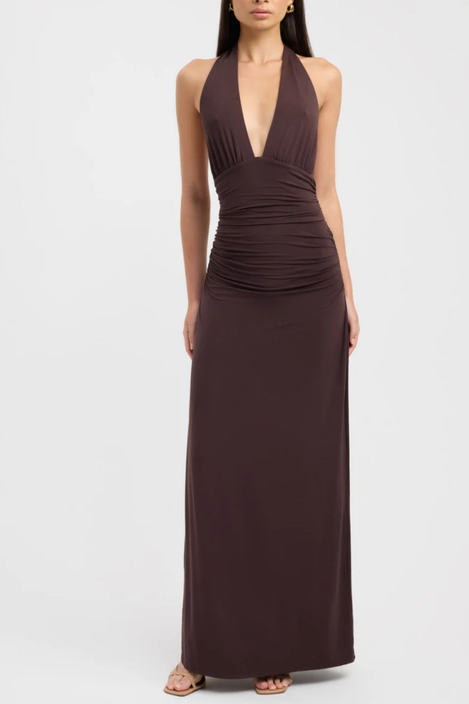 Brown Halter Ruched Maxi Dress