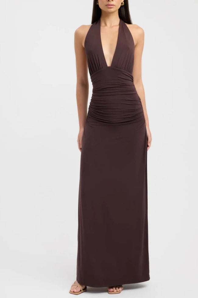 Brown Halter Ruched Maxi Dress Main Image