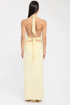 Pale Yellow Halter Ruched Maxi Dress