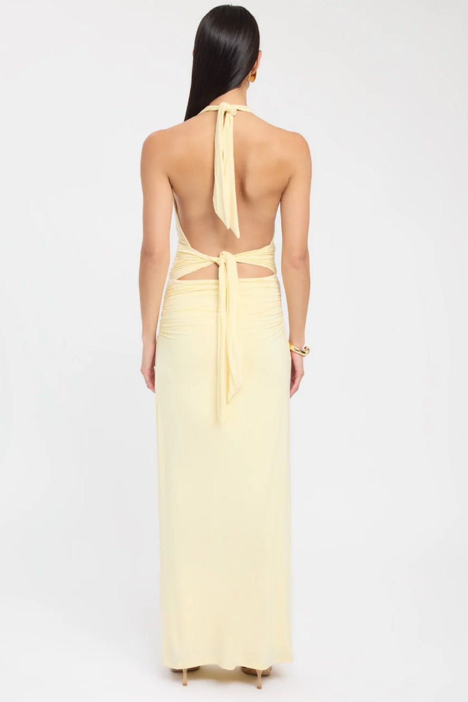 Pale Yellow Halter Ruched Maxi Dress