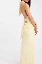 Pale Yellow Halter Ruched Maxi Dress
