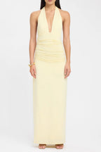 Pale Yellow Halter Ruched Maxi Dress