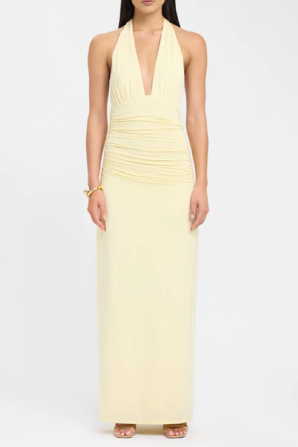 Pale Yellow Halter Ruched Maxi Dress