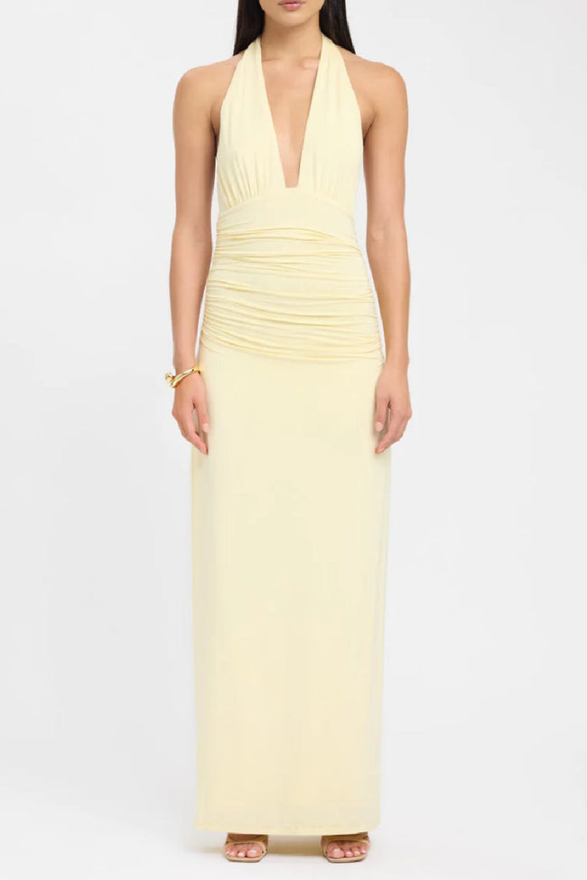 Pale Yellow Halter Ruched Maxi Dress Hover Image
