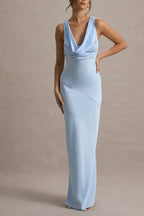Light Blue Satin Cowl Back Maxi Dress