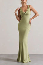 Olive Green Satin Cowl Back Maxi Dress