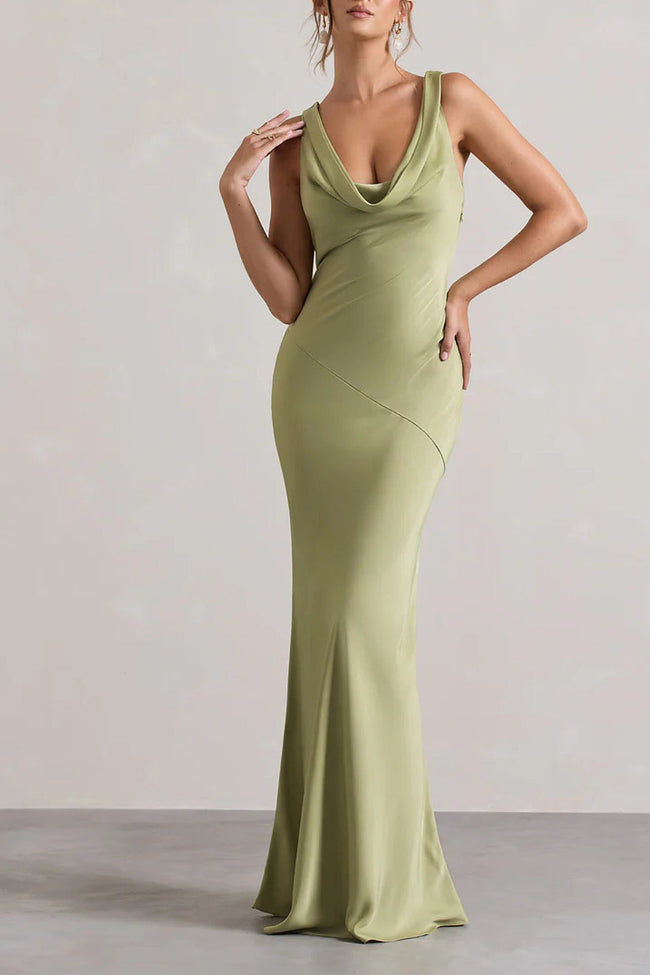 Olive Green Satin Cowl Back Maxi Dress Hover Image