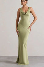 Olive Green Satin Cowl Back Maxi Dress