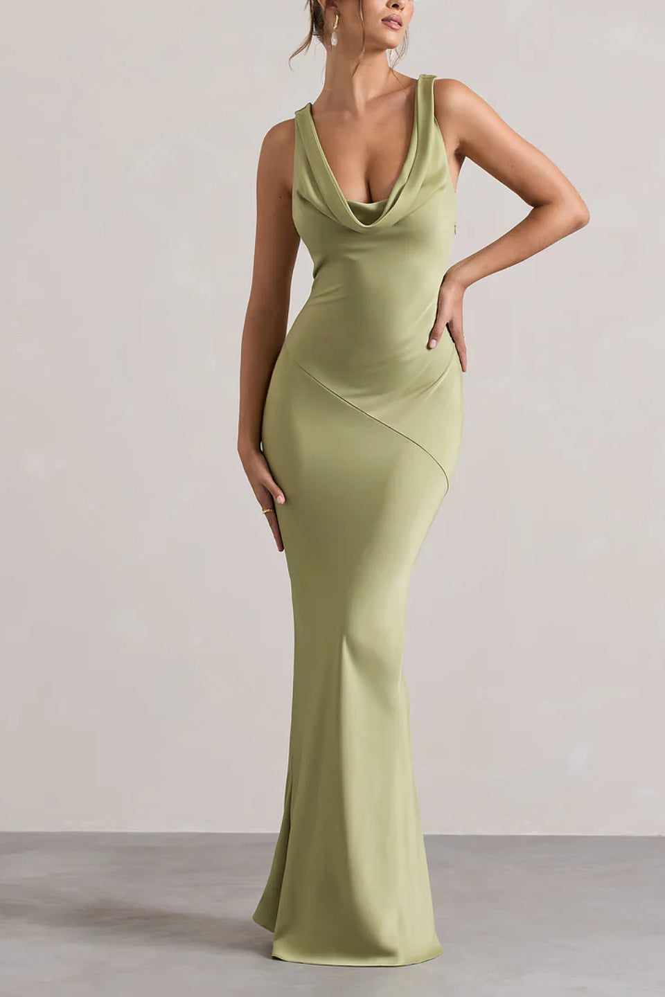 Olive Green Satin Cowl Back Maxi Dress