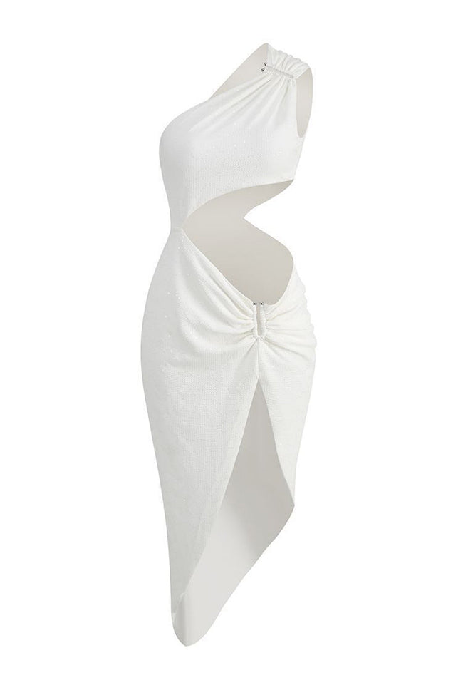 White Sequin One Shoulder Midi Dress Main Image