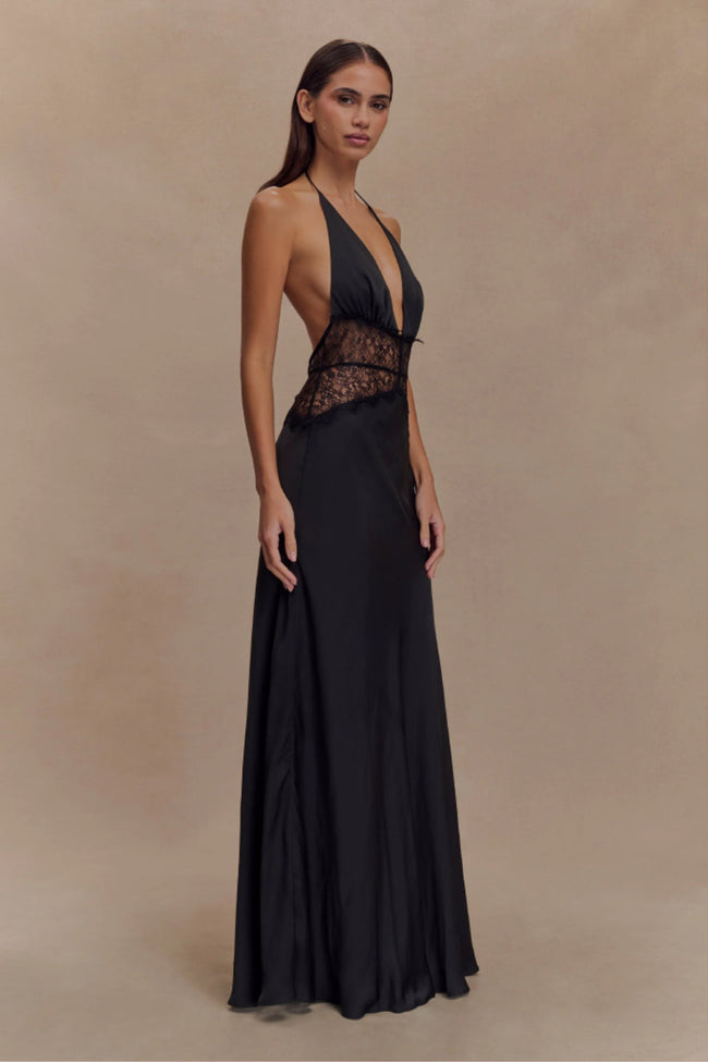 Black Satin Halter Maxi Dress Main Image