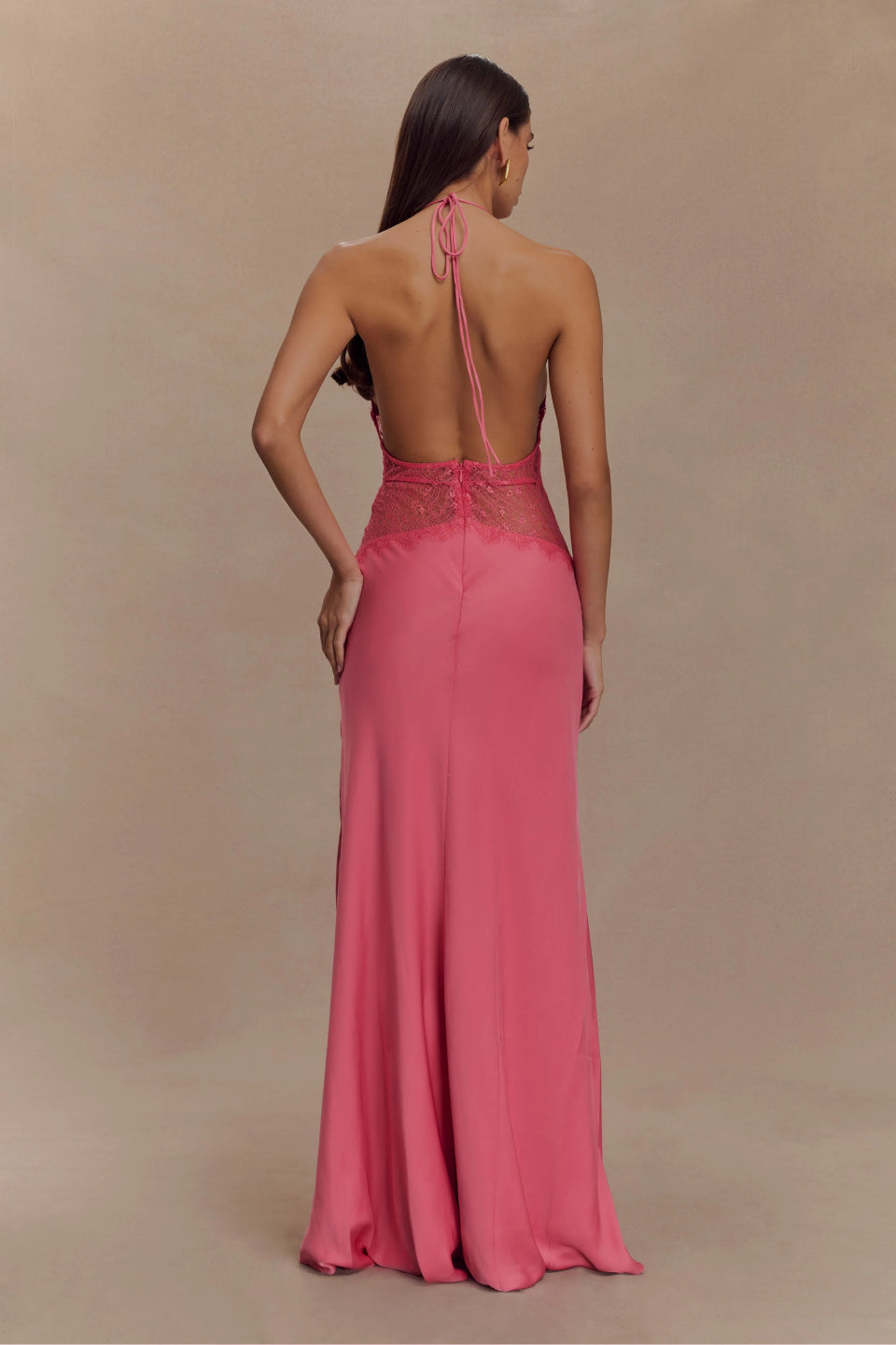 Hot Pink Satin Halter Maxi Dress
