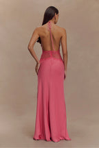 Hot Pink Satin Halter Maxi Dress