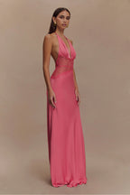 Hot Pink Satin Halter Maxi Dress
