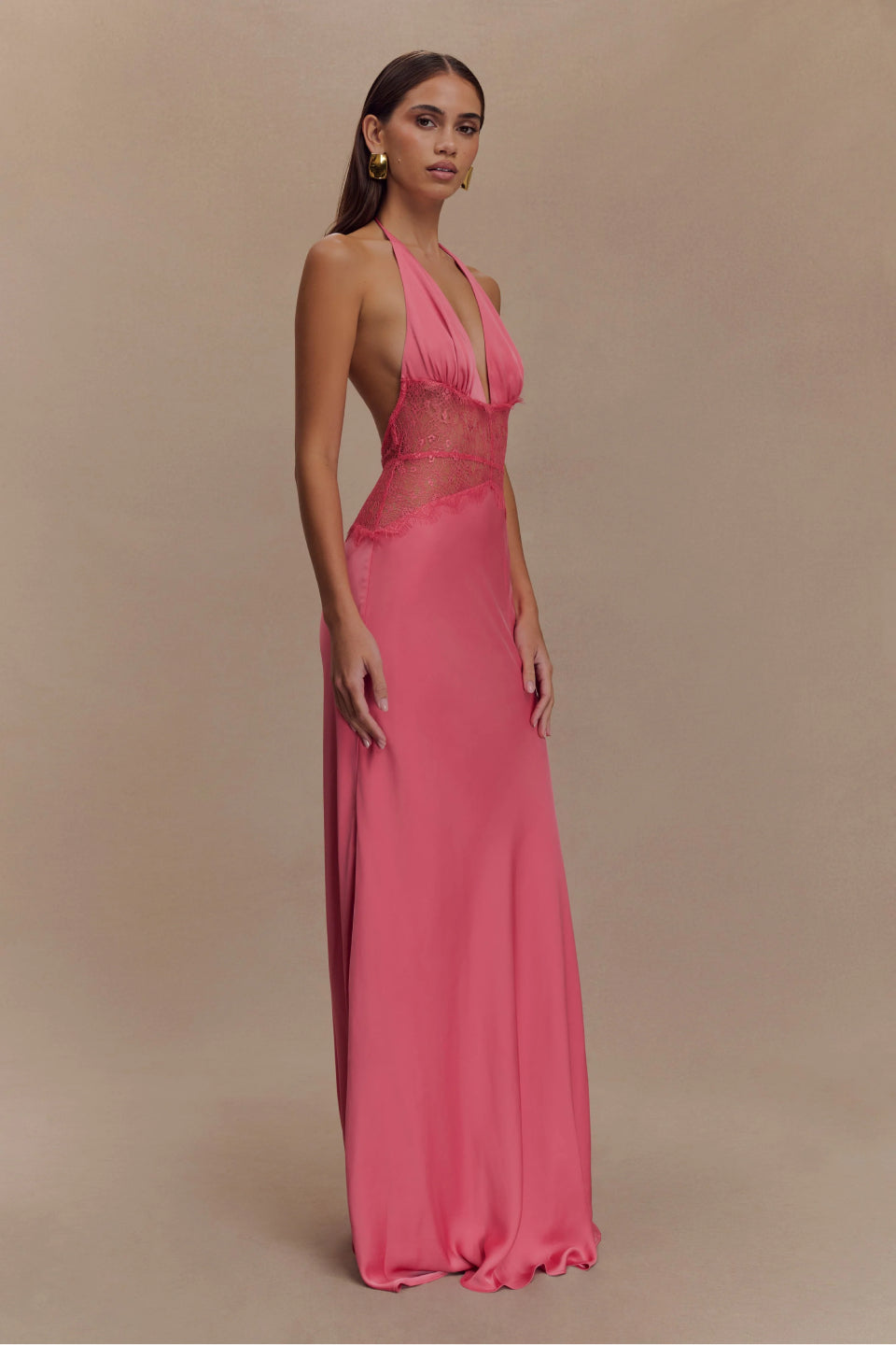 Hot Pink Satin Halter Maxi Dress