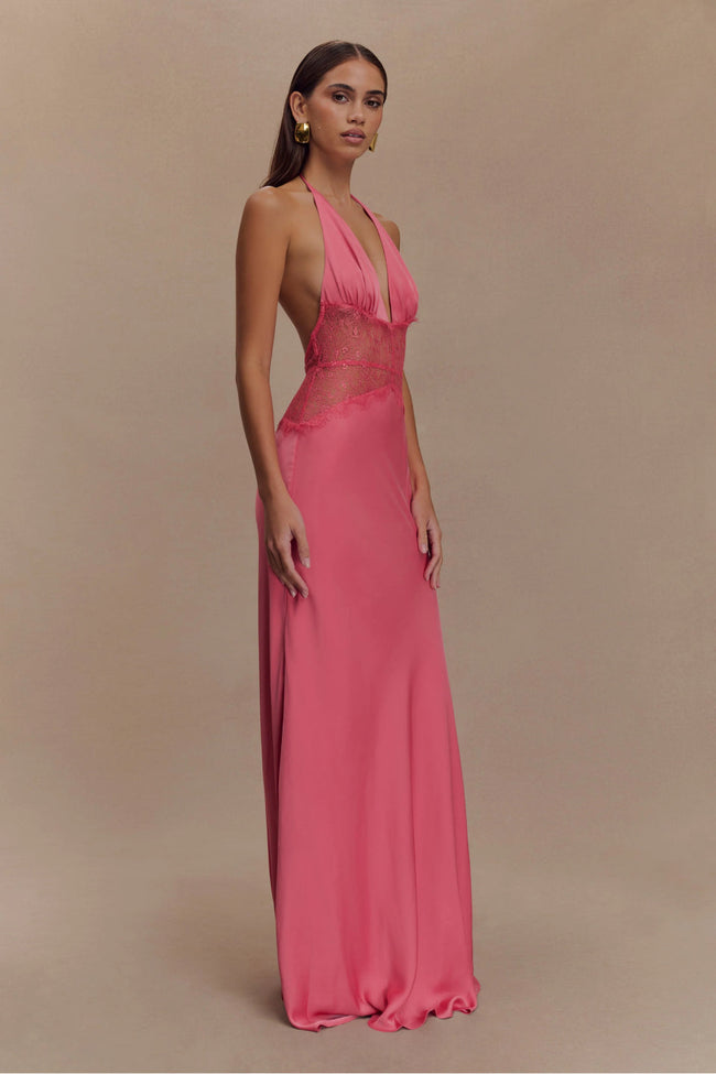 Hot Pink Satin Halter Maxi Dress Main Image