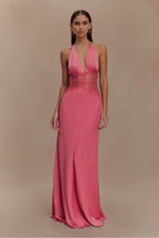 Hot Pink Satin Halter Maxi Dress