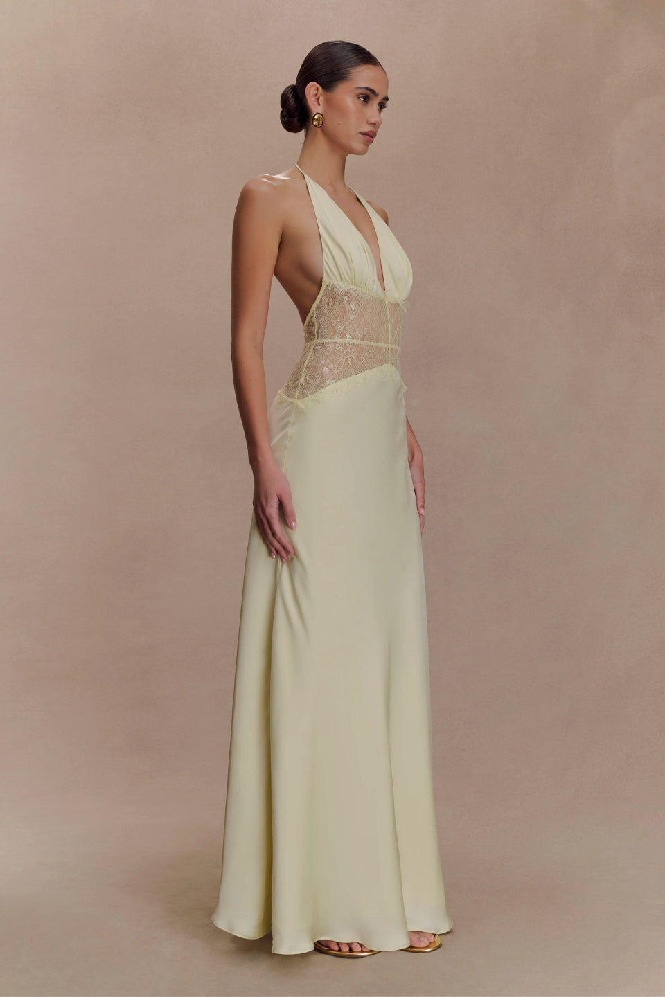 Yellow Satin Halter Maxi Dress