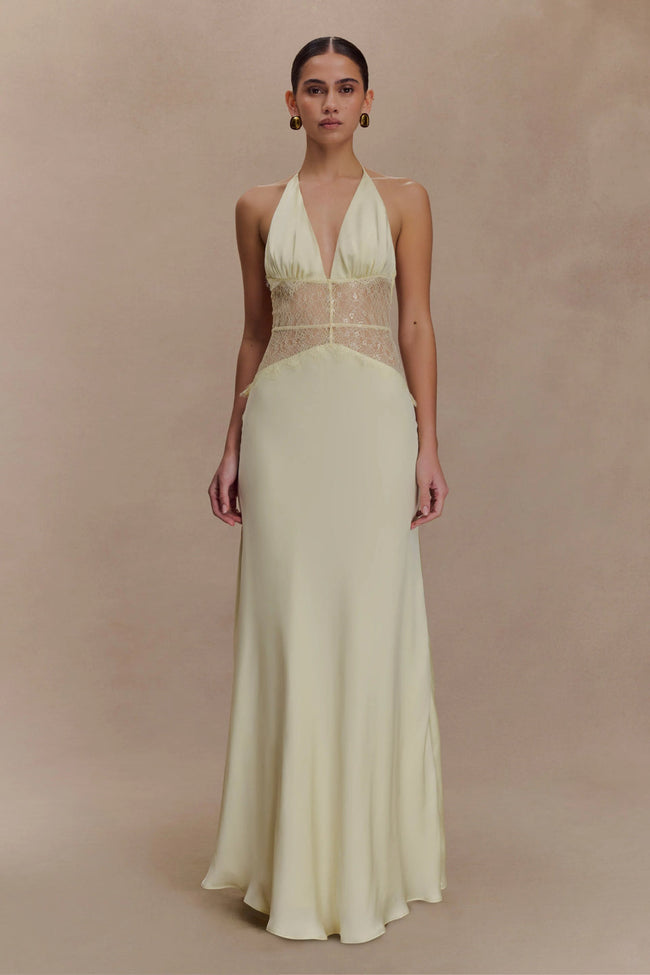Yellow Satin Halter Maxi Dress Hover Image