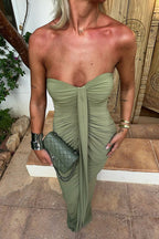 Olive Green Strapless Ruched Maxi Dress