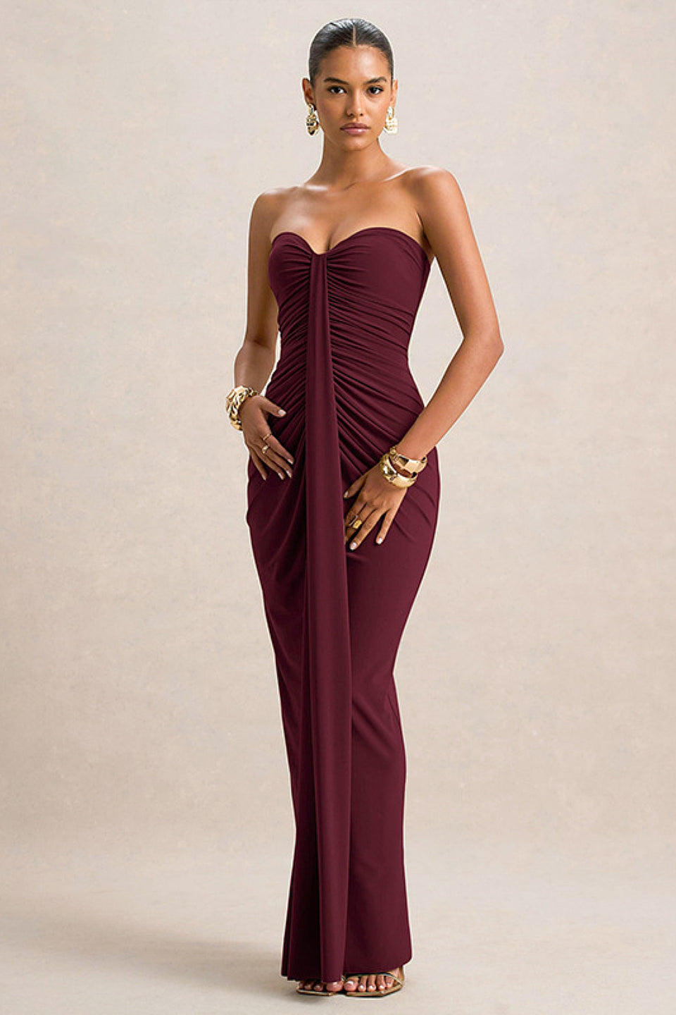 Burgundy Strapless Ruched Maxi Dress