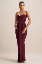 Burgundy Strapless Ruched Maxi Dress