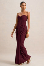 Burgundy Strapless Ruched Maxi Dress