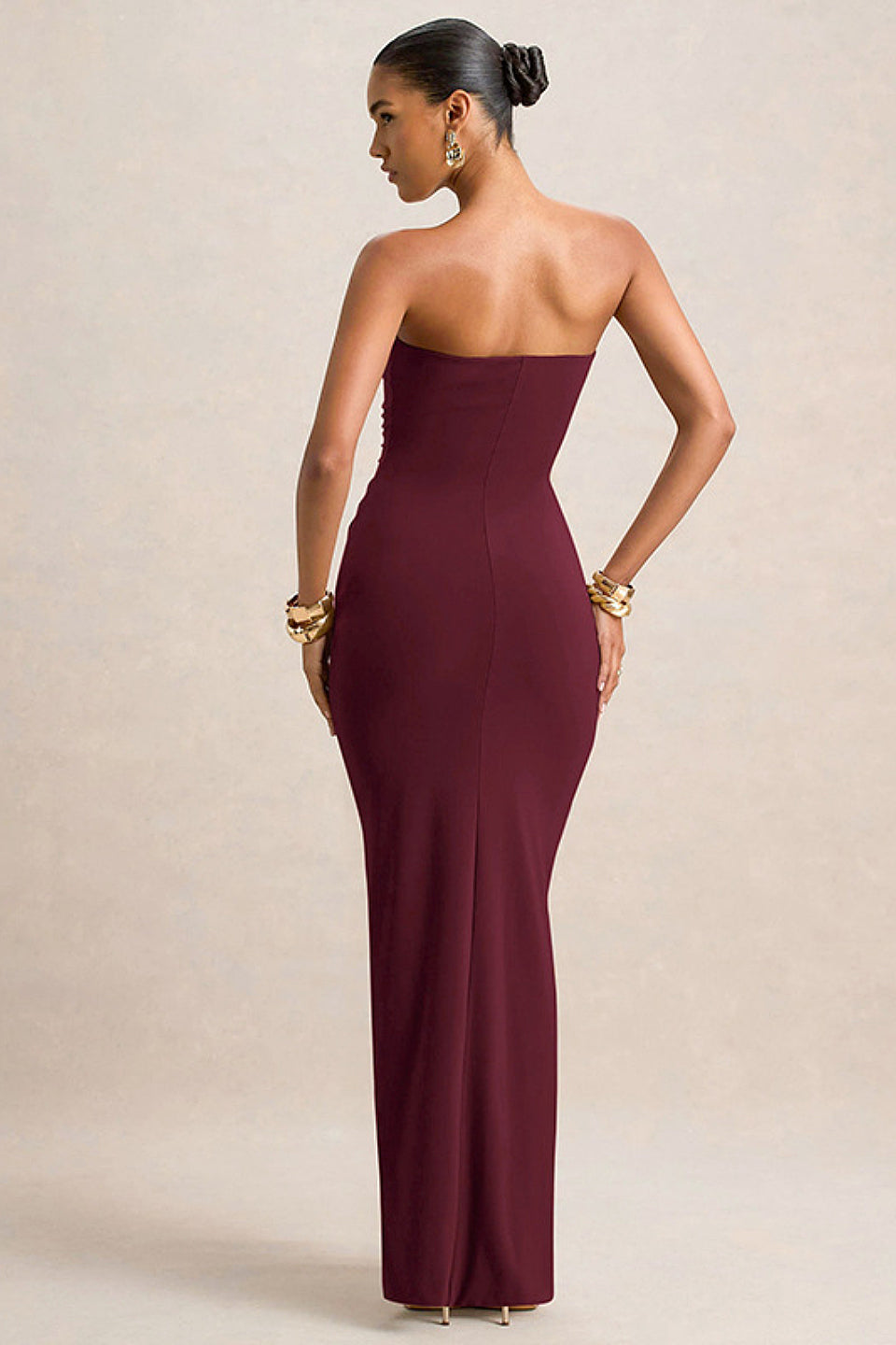 Burgundy Strapless Ruched Maxi Dress