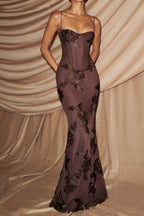 Brown 3D Floral Fishtail Gown