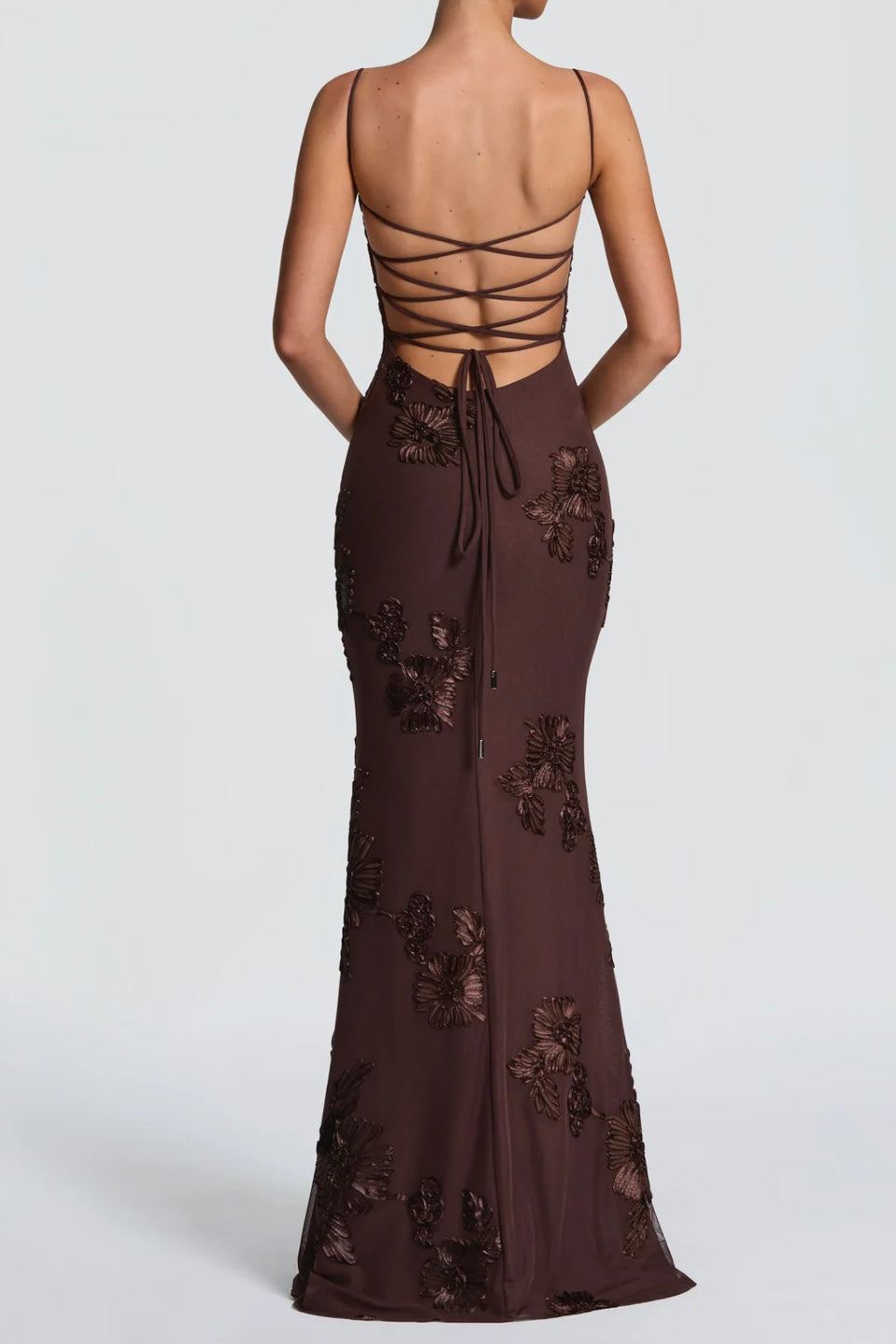 Brown 3D Floral Fishtail Gown