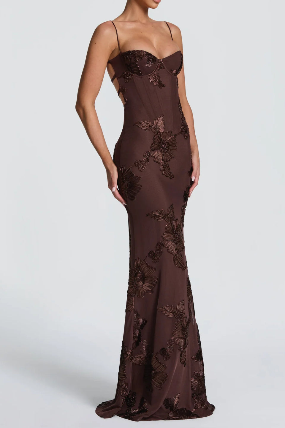 Brown 3D Floral Fishtail Gown
