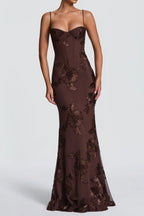 Brown 3D Floral Fishtail Gown
