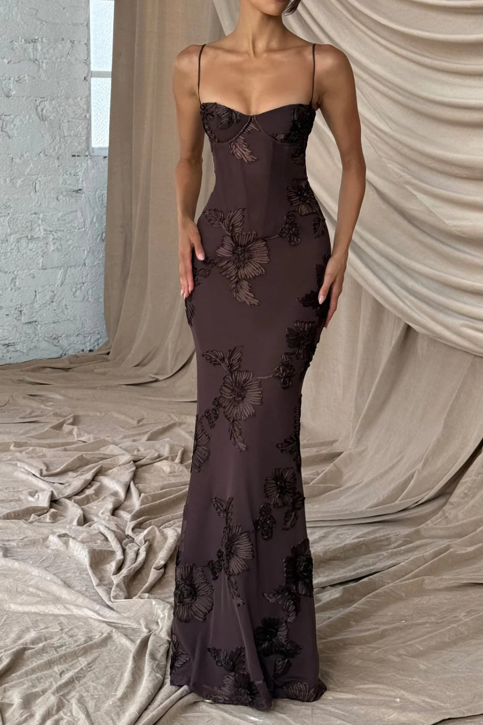 Brown 3D Floral Fishtail Gown
