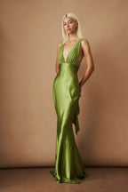 Olive Satin Maxi Dress