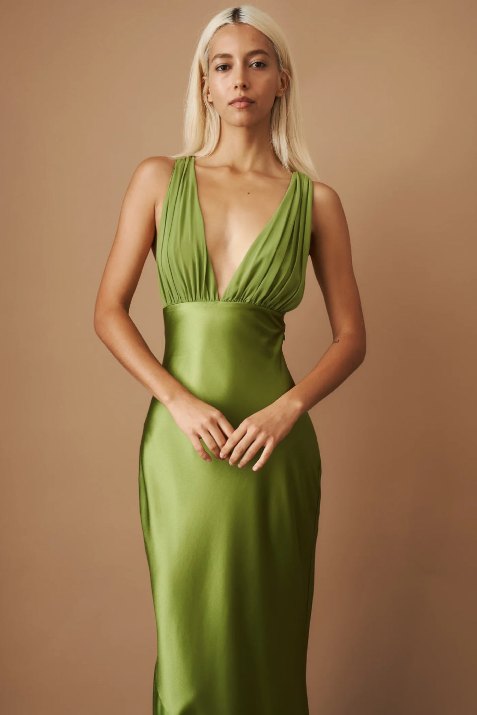Olive Satin Maxi Dress