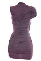 Plum Brown Asymmetric Ruched Mini Dress