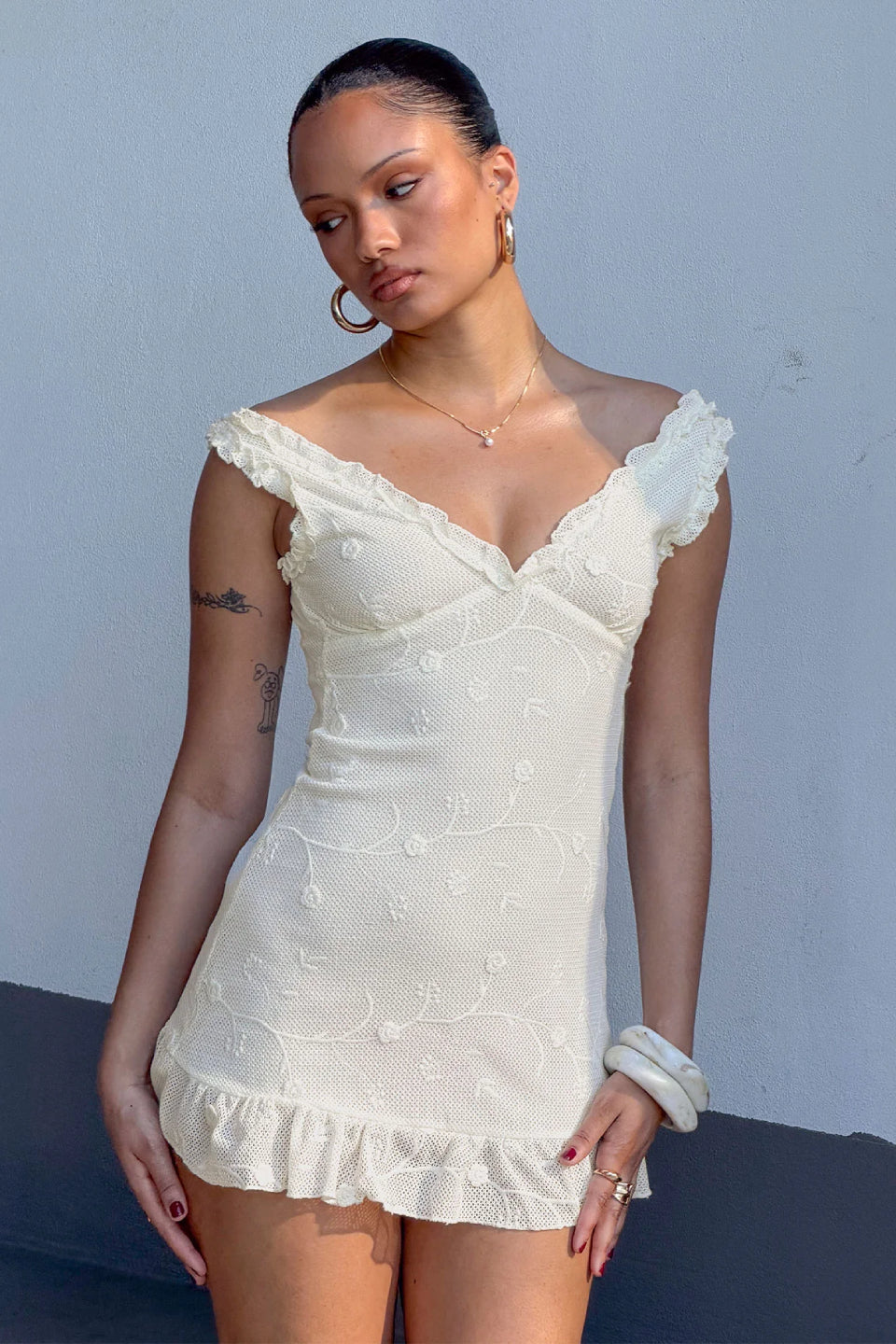 Cream Lace Ruffle Mini Dress