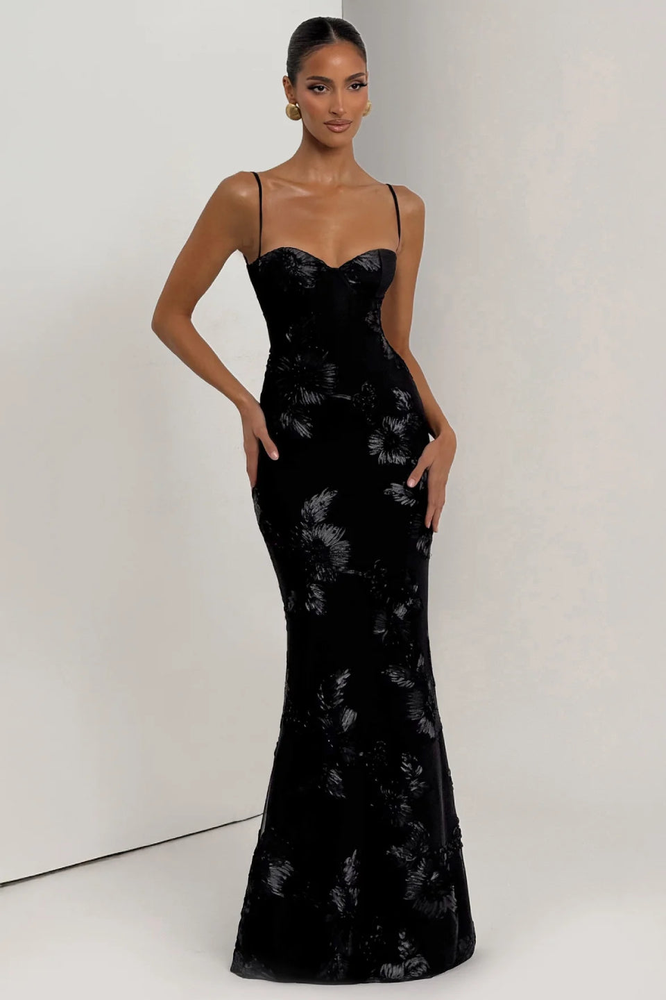 Noir 3D Floral Fishtail Gown