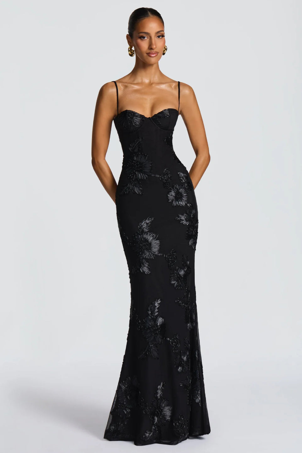 Noir 3D Floral Fishtail Gown